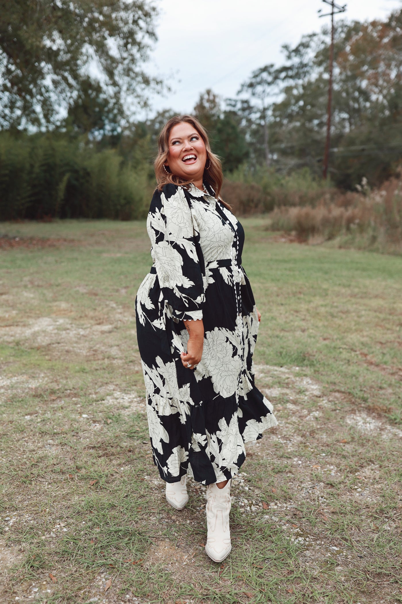 Black Floral Collared Button Down Midi Dress