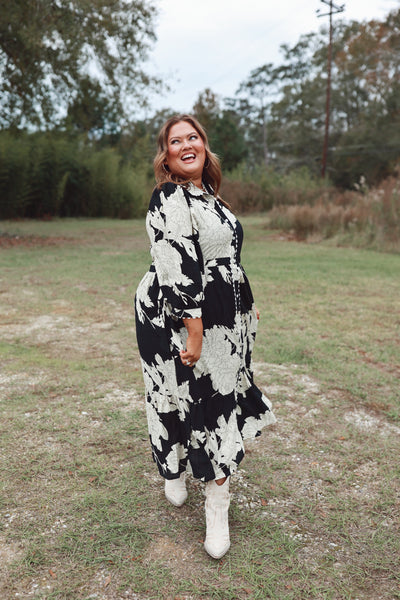 Black Floral Collared Button Down Midi Dress