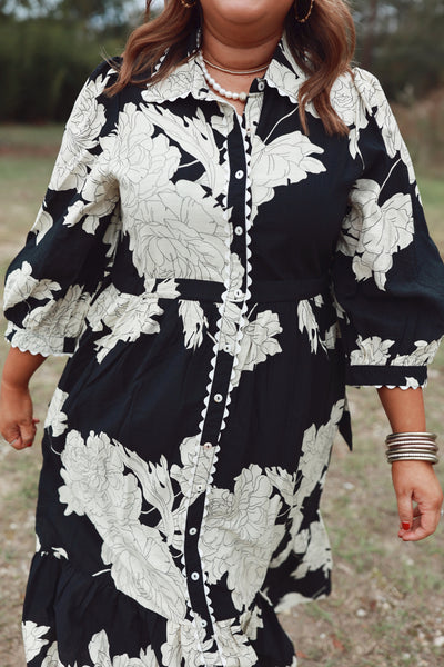 Black Floral Collared Button Down Midi Dress