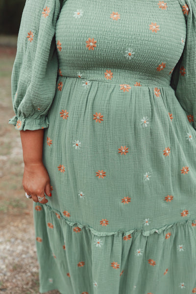 Green Flower Embroidered Tiered Smocked Maxi