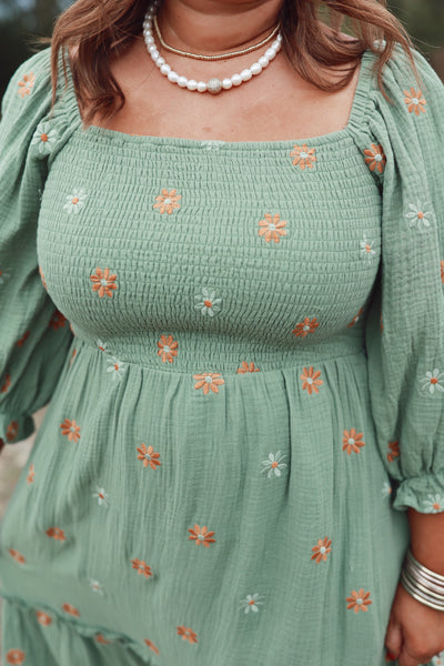 Green Flower Embroidered Tiered Smocked Maxi