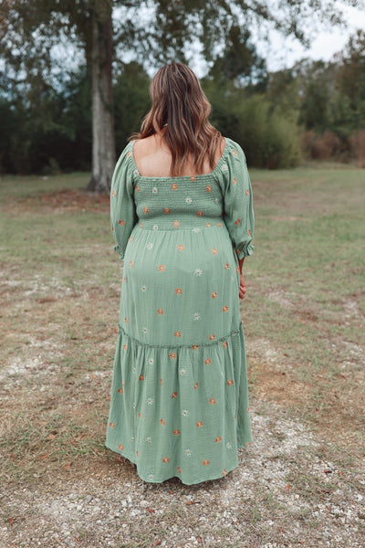 Green Flower Embroidered Tiered Smocked Maxi