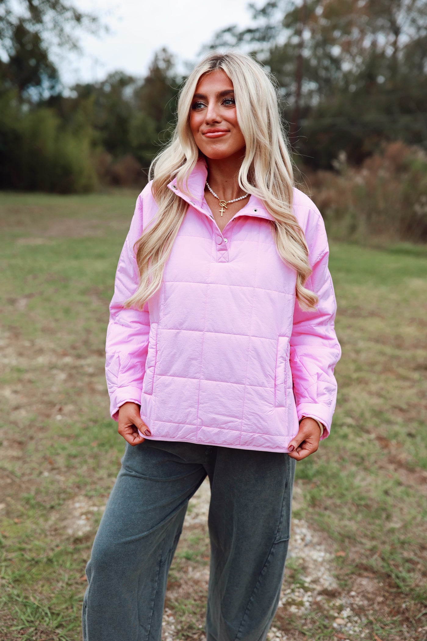 Bubble Gum Half Snap Quilted Pullover