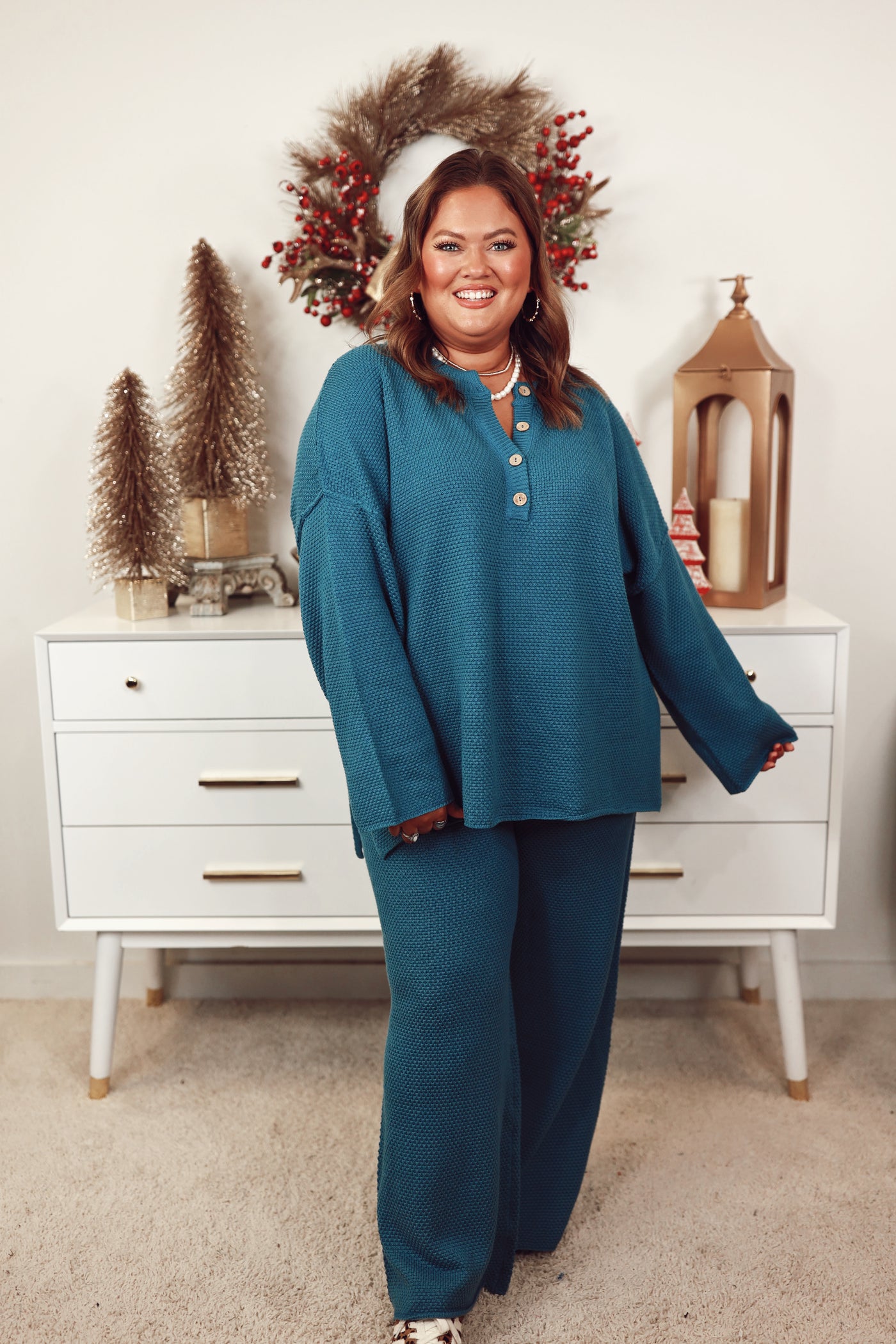 Sapphire Teal Waffle Knit Henley Top and Wide Leg Pant Set