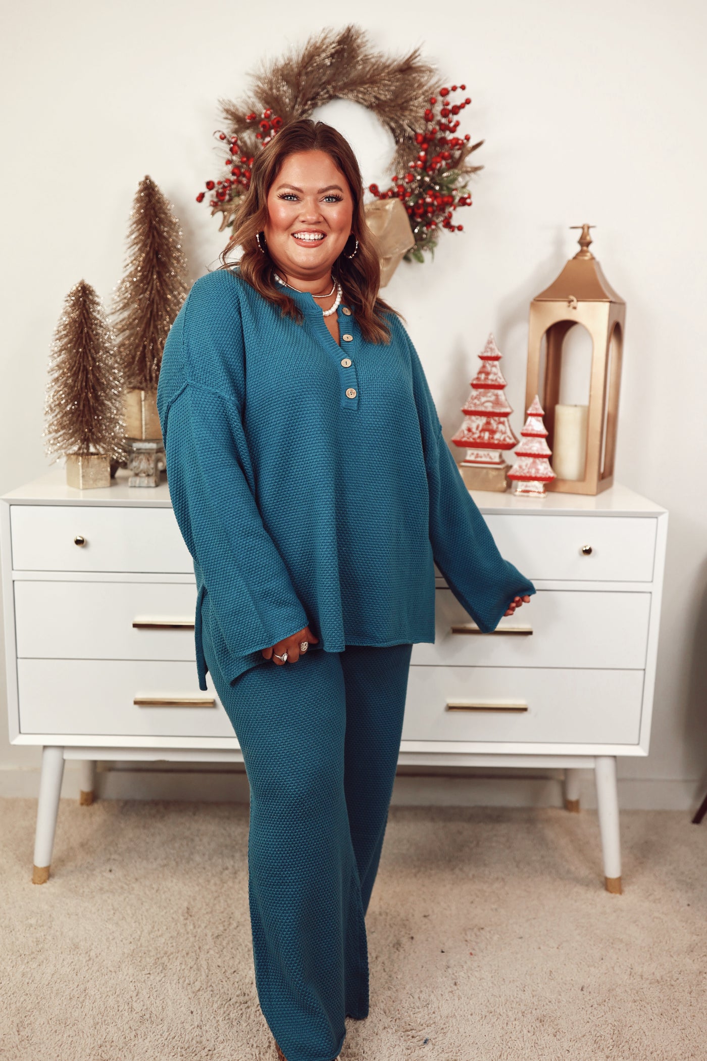 Sapphire Teal Waffle Knit Henley Top and Wide Leg Pant Set