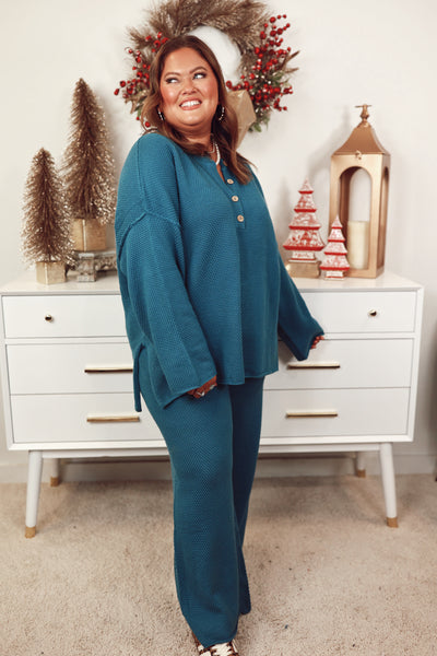 Sapphire Teal Waffle Knit Henley Top and Wide Leg Pant Set