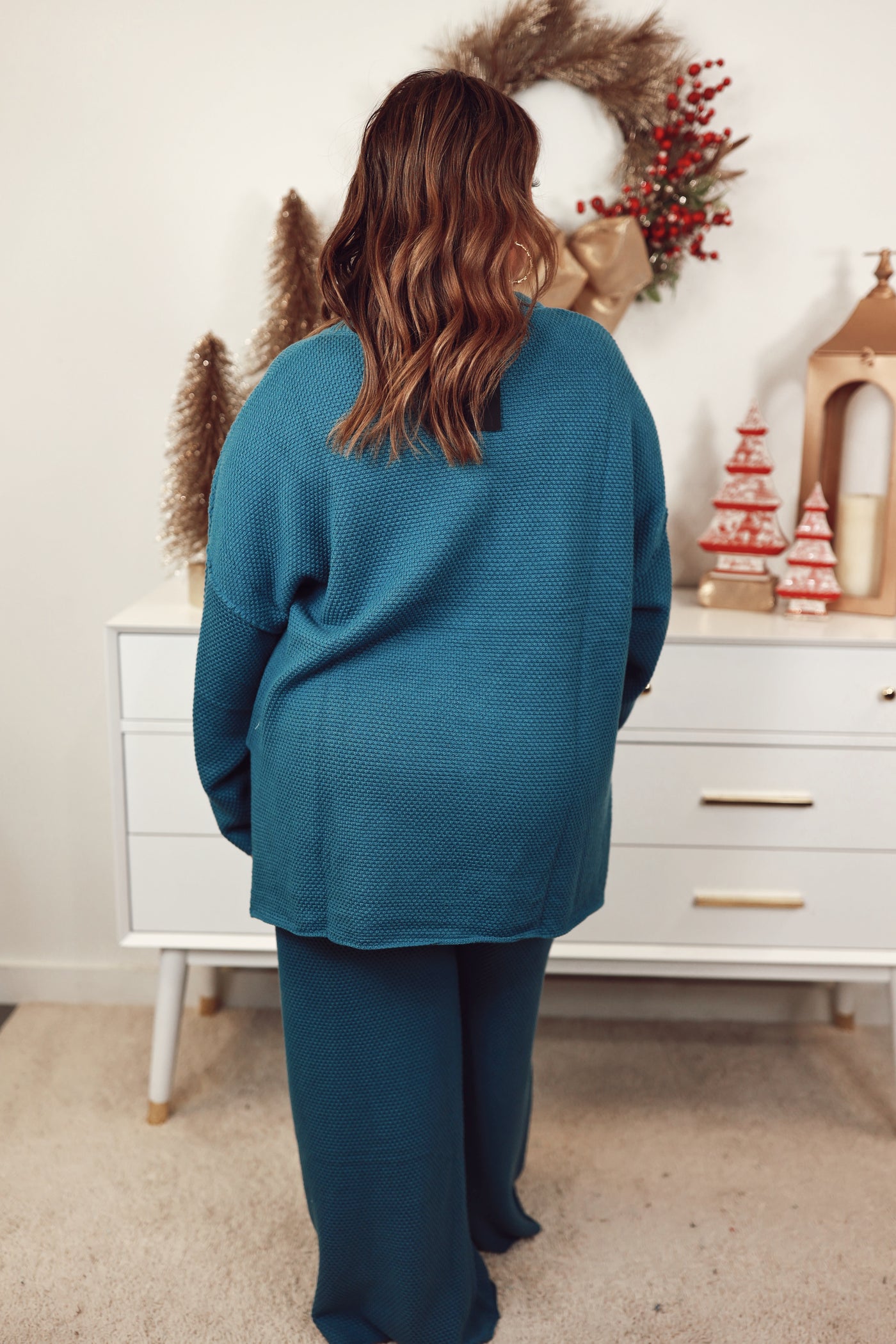 Sapphire Teal Waffle Knit Henley Top and Wide Leg Pant Set