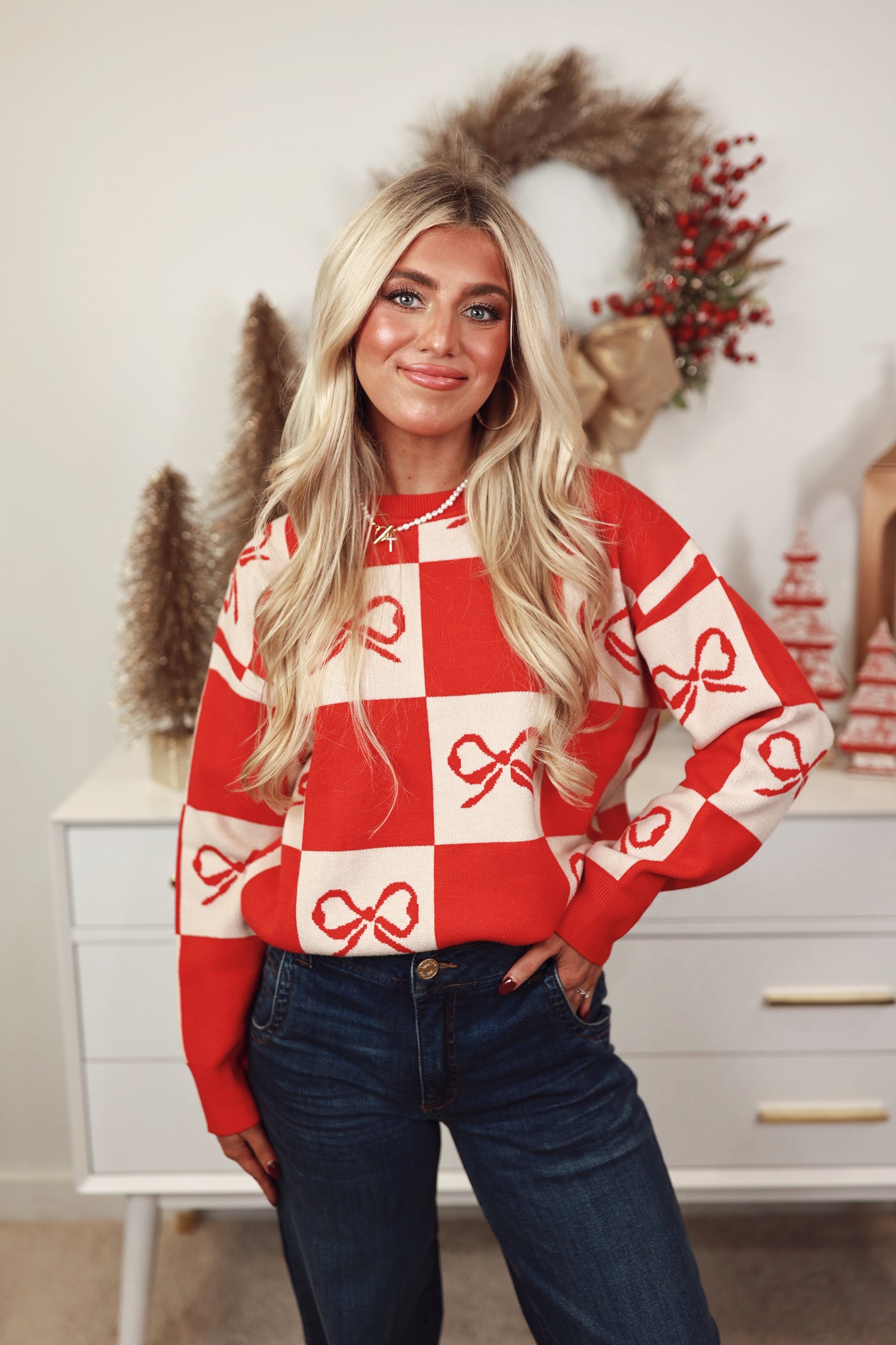 Red Checkered Bow Sweater