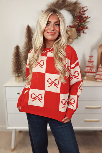 Red Checkered Bow Sweater