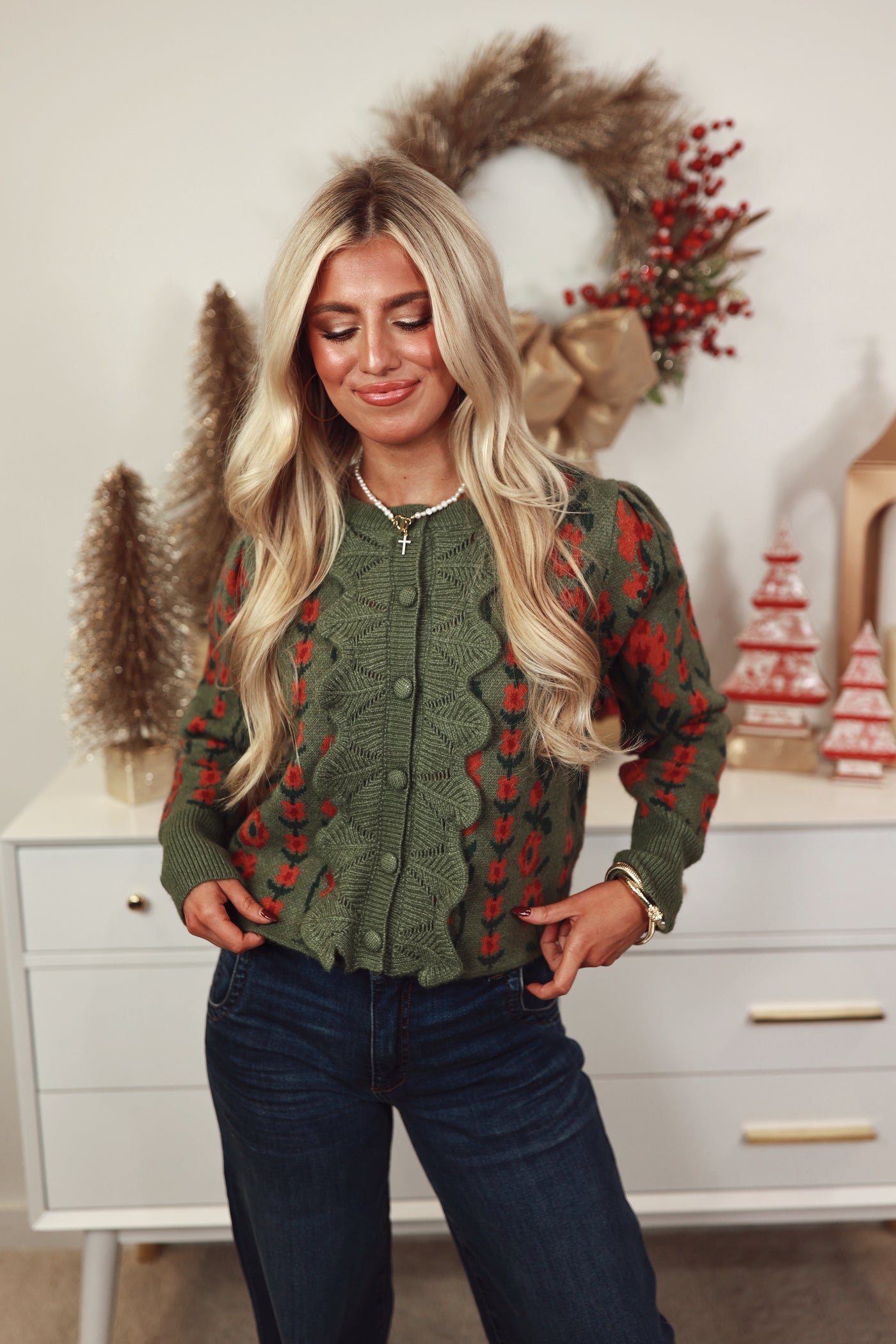 Olive Floral Button Front Ruffle Knit Cardigan