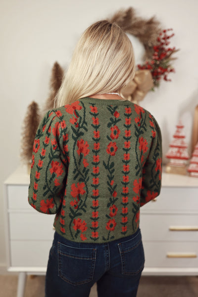 Olive Floral Button Front Ruffle Knit Cardigan