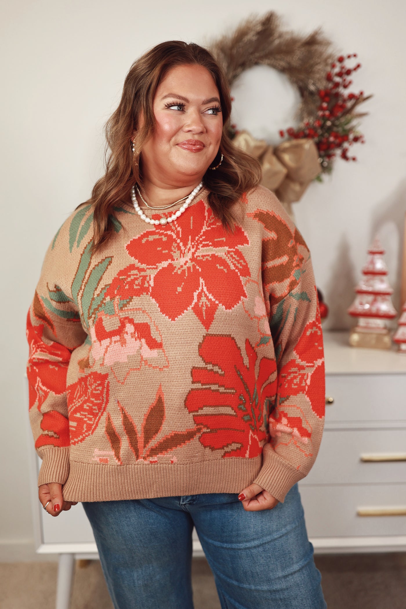 Khaki Multi Floral Round Neck Sweater