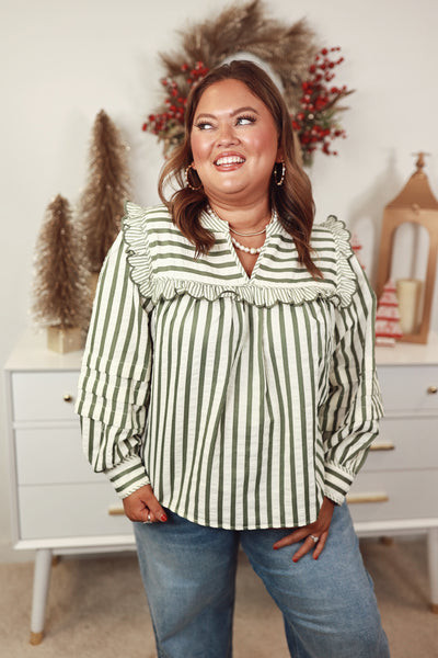 Olive Striped Ruffle Detail Long Sleeve Top