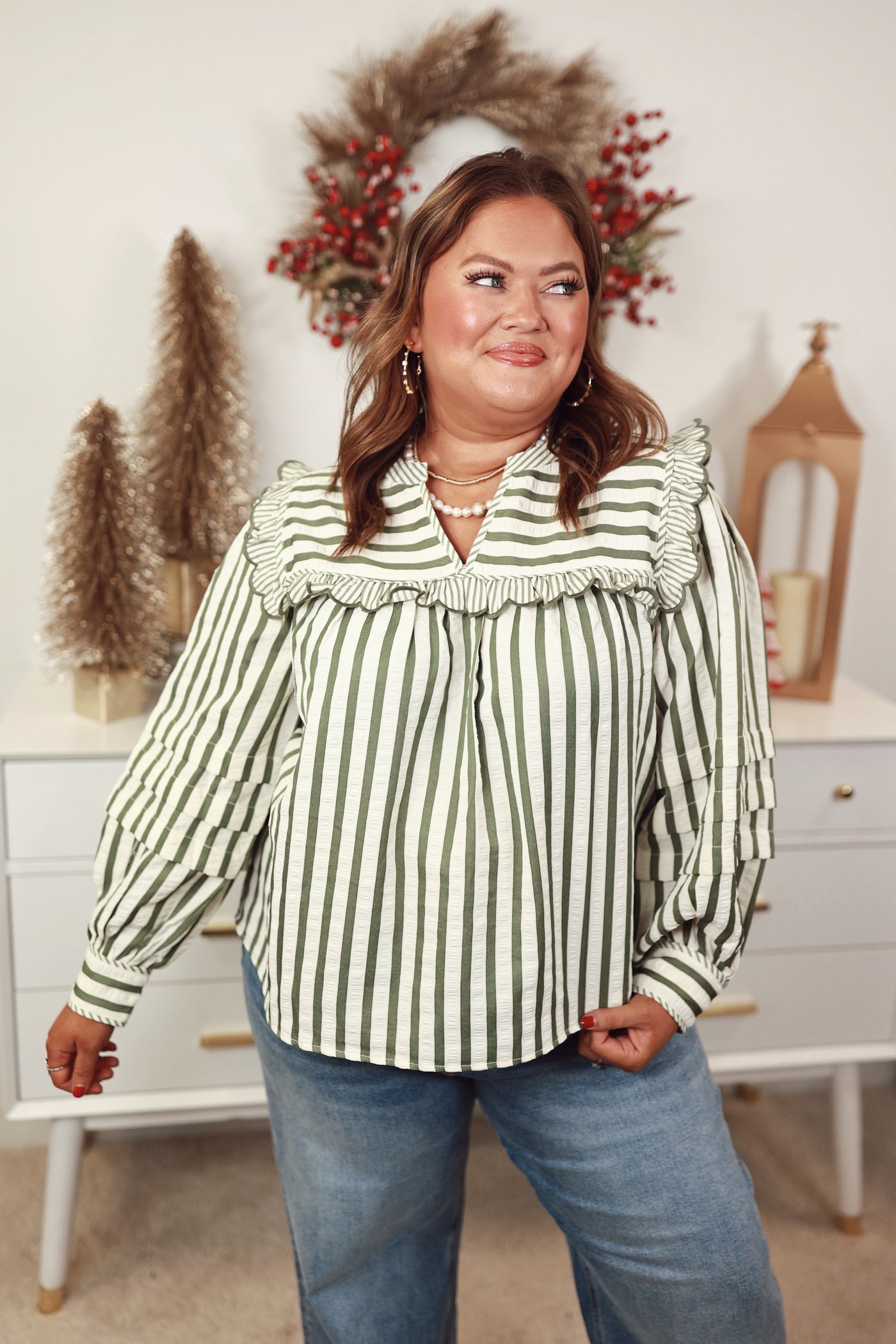 Olive Striped Ruffle Detail Long Sleeve Top