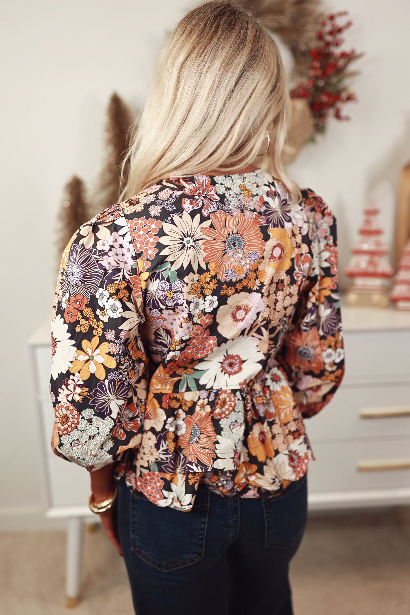 Charcoal Floral Tie Front Puff Sleeve Babydoll Top