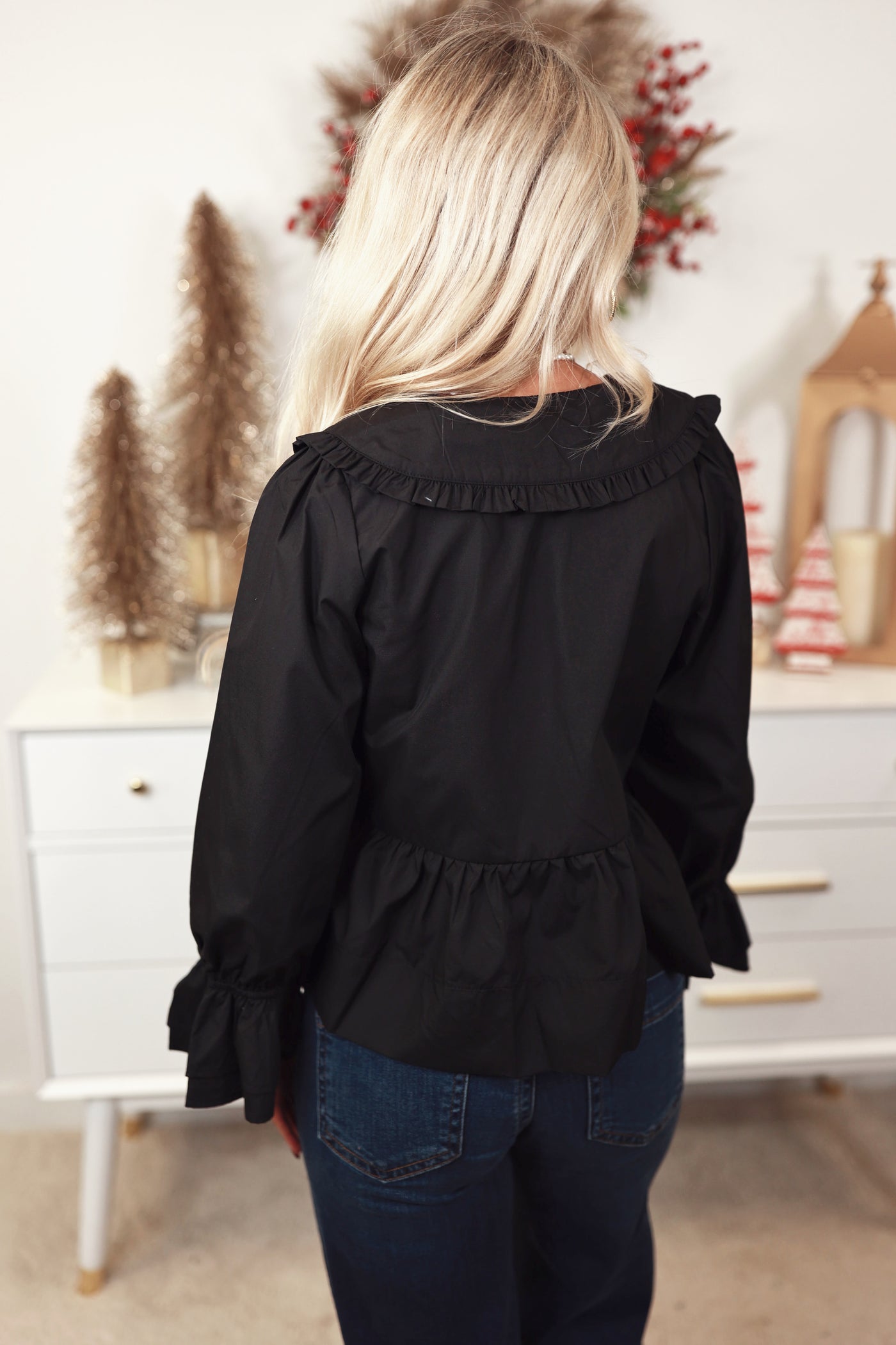 Black 3/4 Sleeve Bow Detail Collared Top