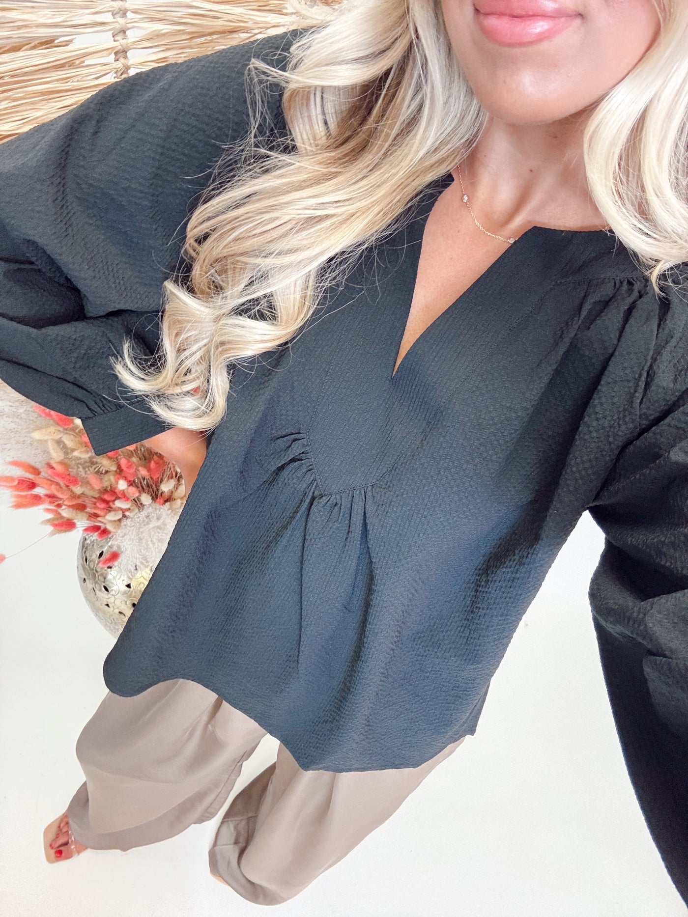 Black V Neck Placket 3/4 Sleeve Top