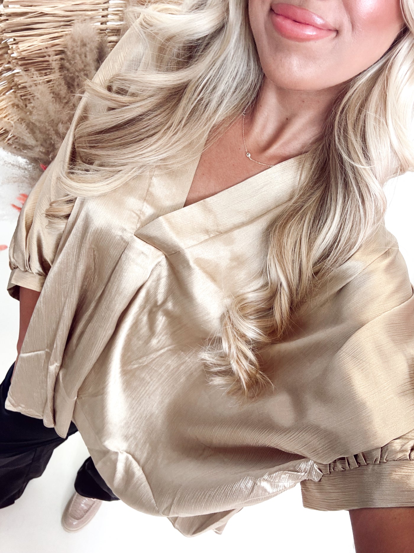 Taupe Simple V-Neck Oversized Satin Blouse