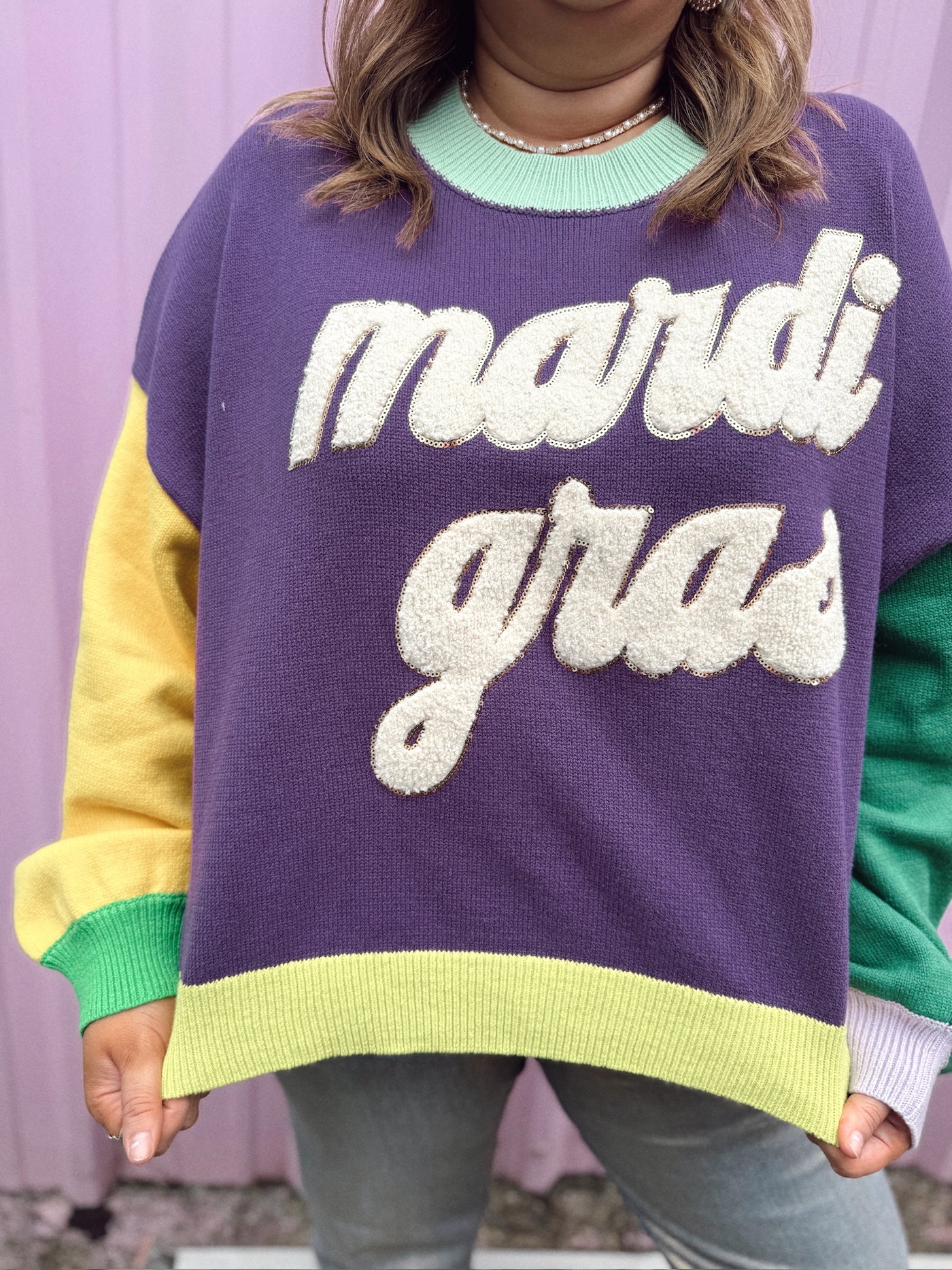 Queen of Sparkles Colorblock Fuzzy 'Mardi Gras' Sweater