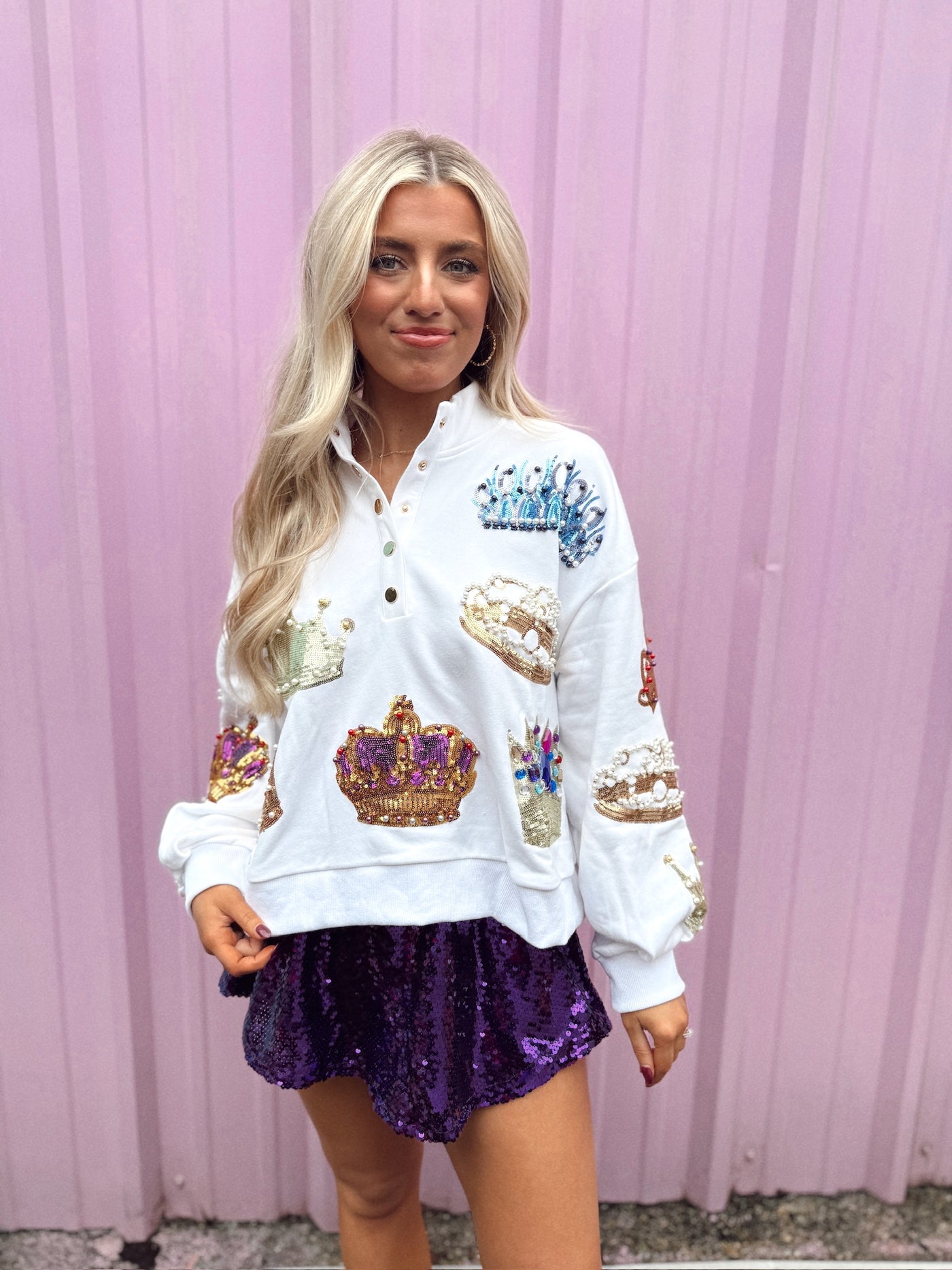 Queen of Sparkles White Crown Button Up Sweatshirt