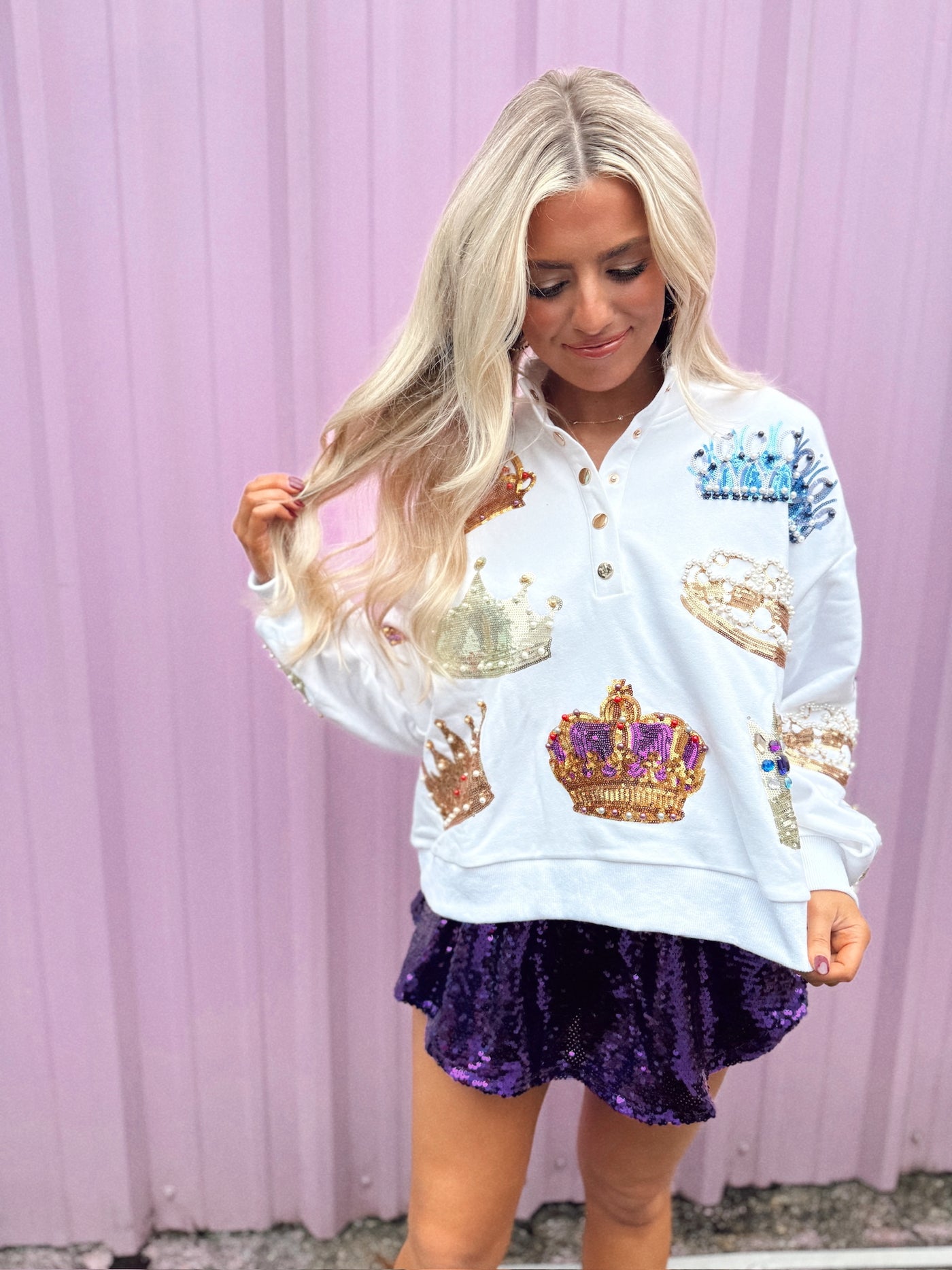 Queen of Sparkles White Crown Button Up Sweatshirt