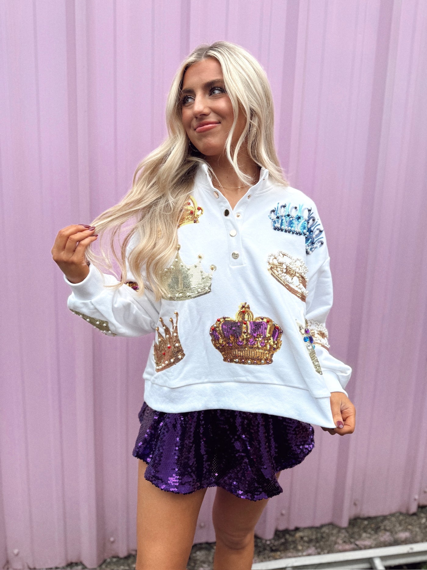 Queen of Sparkles White Crown Button Up Sweatshirt