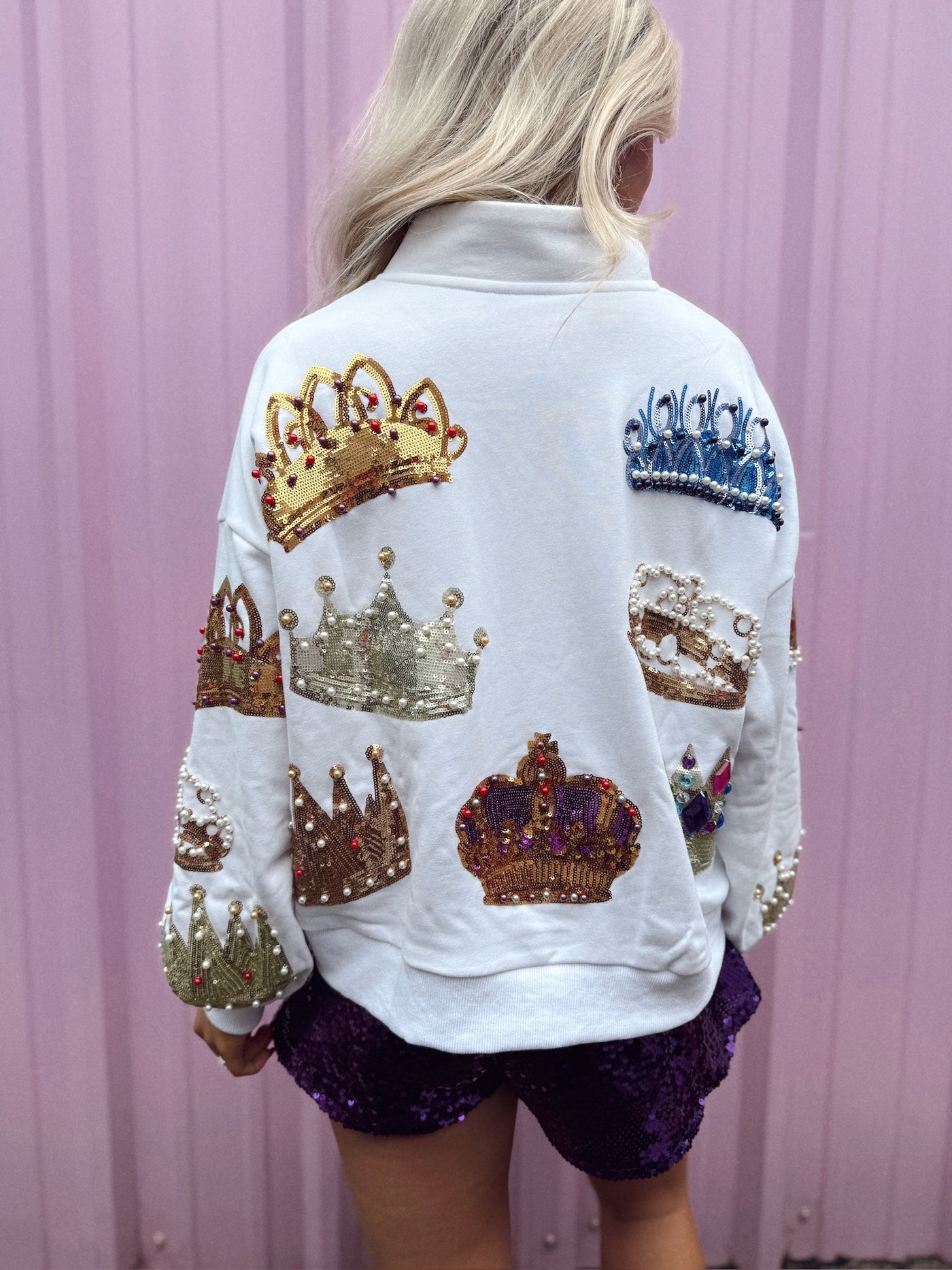 Queen of Sparkles White Crown Button Up Sweatshirt