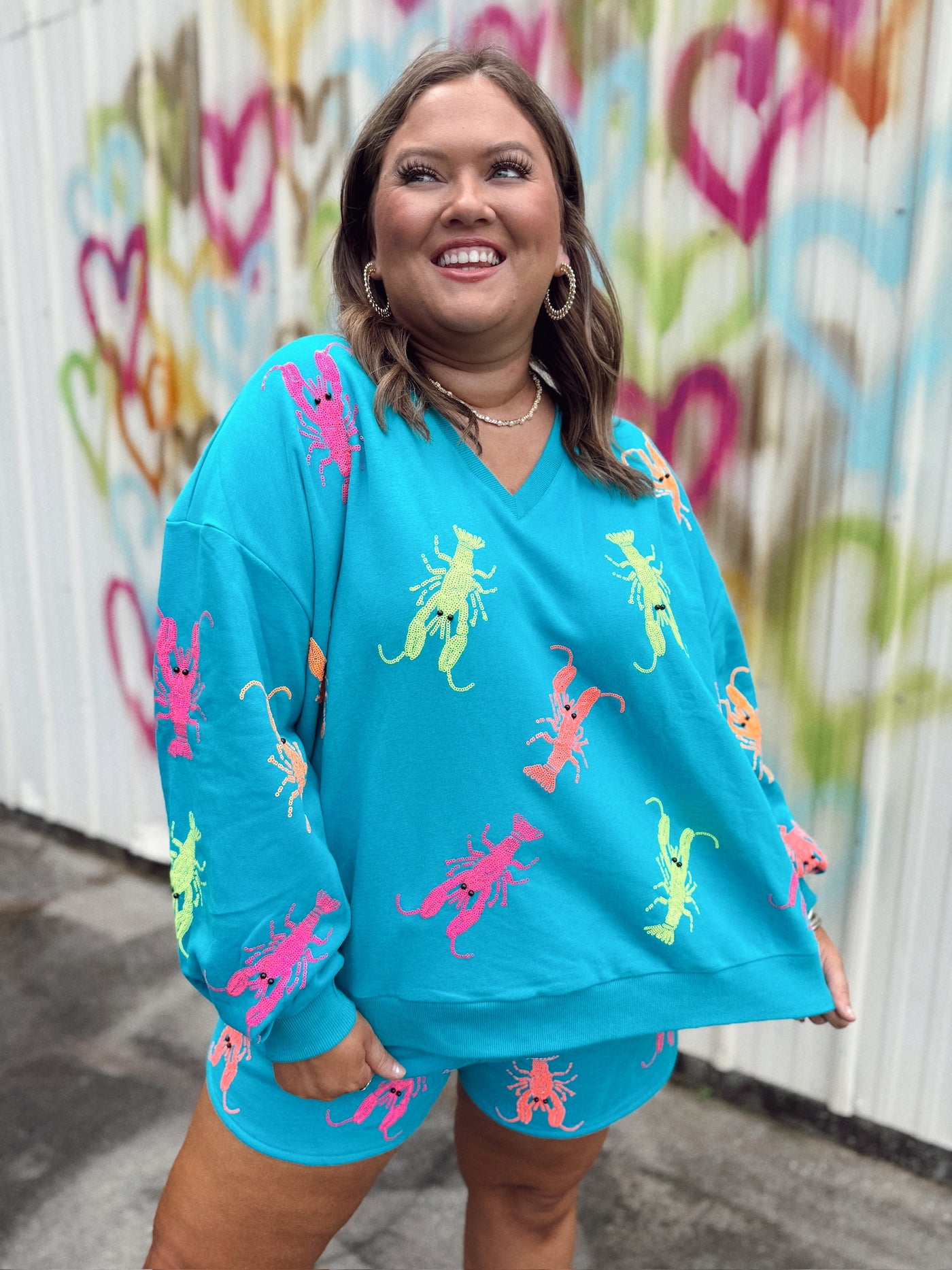 Queen of Sparkles Teal Neon V Neck Crawfish Sweatshirt