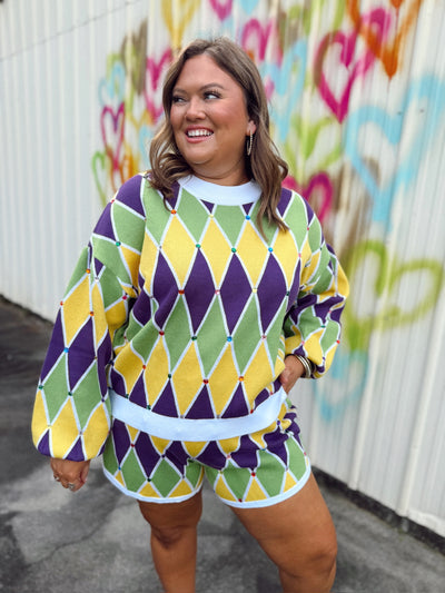 Queen of Sparkles Multi Mardi Gras Diamond Pattern Sweater