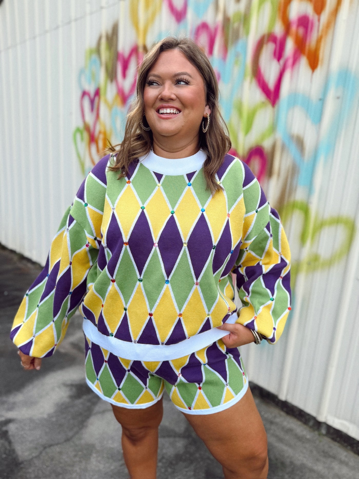 Queen of Sparkles Multi Mardi Gras Diamond Pattern Sweater