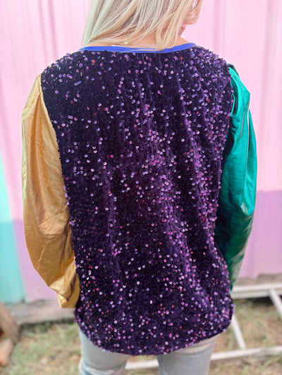 Purple Sequin Green and Gold Metallic Sleeve Blouse