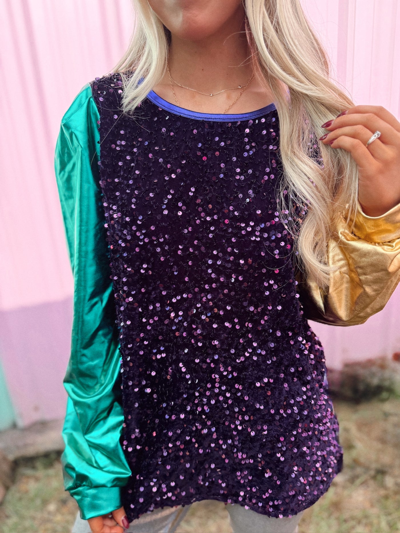 Purple Sequin Green and Gold Metallic Sleeve Blouse