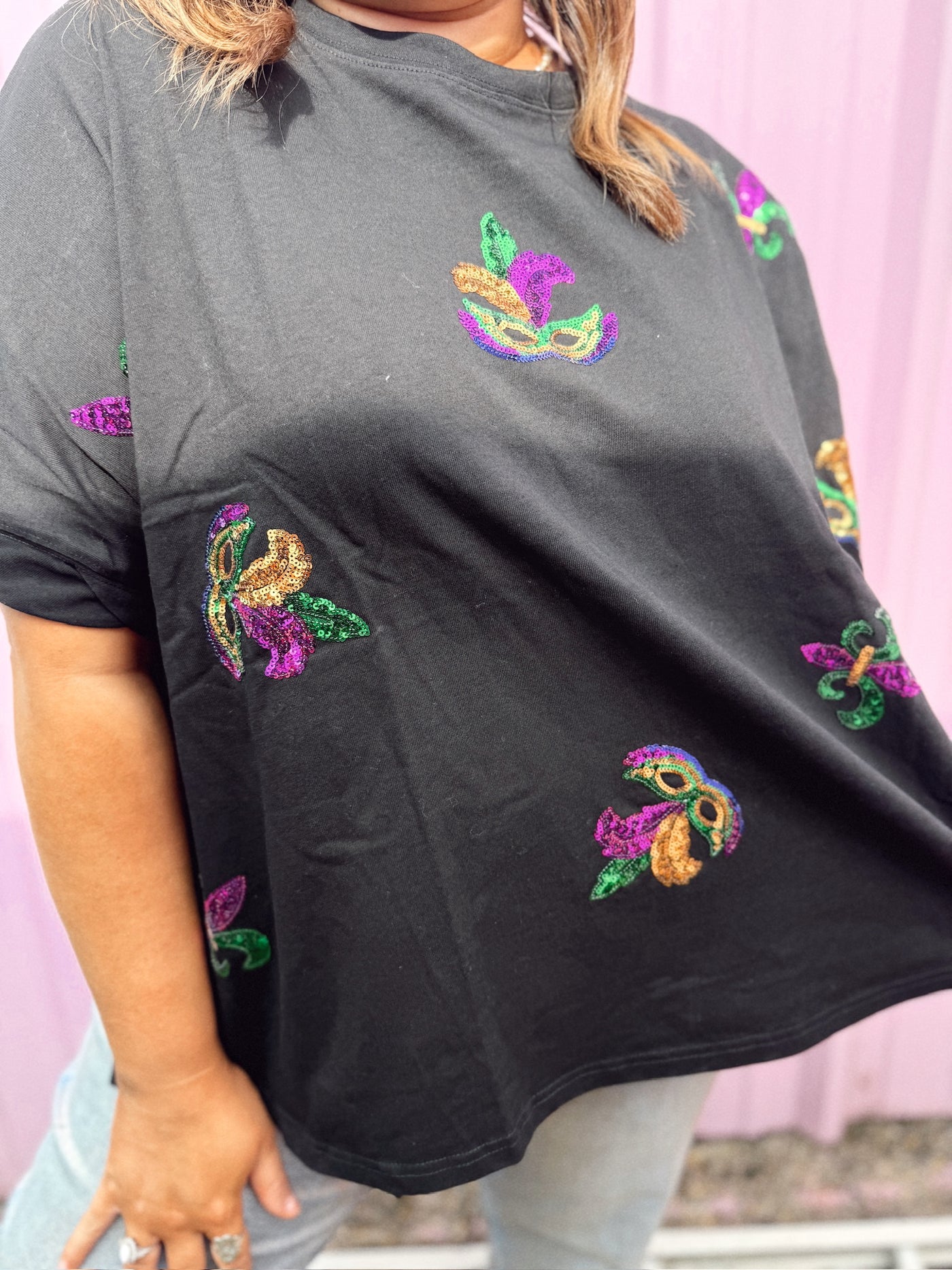 Black Sequin Mardi Gras Fleur De Lis Oversized Tee