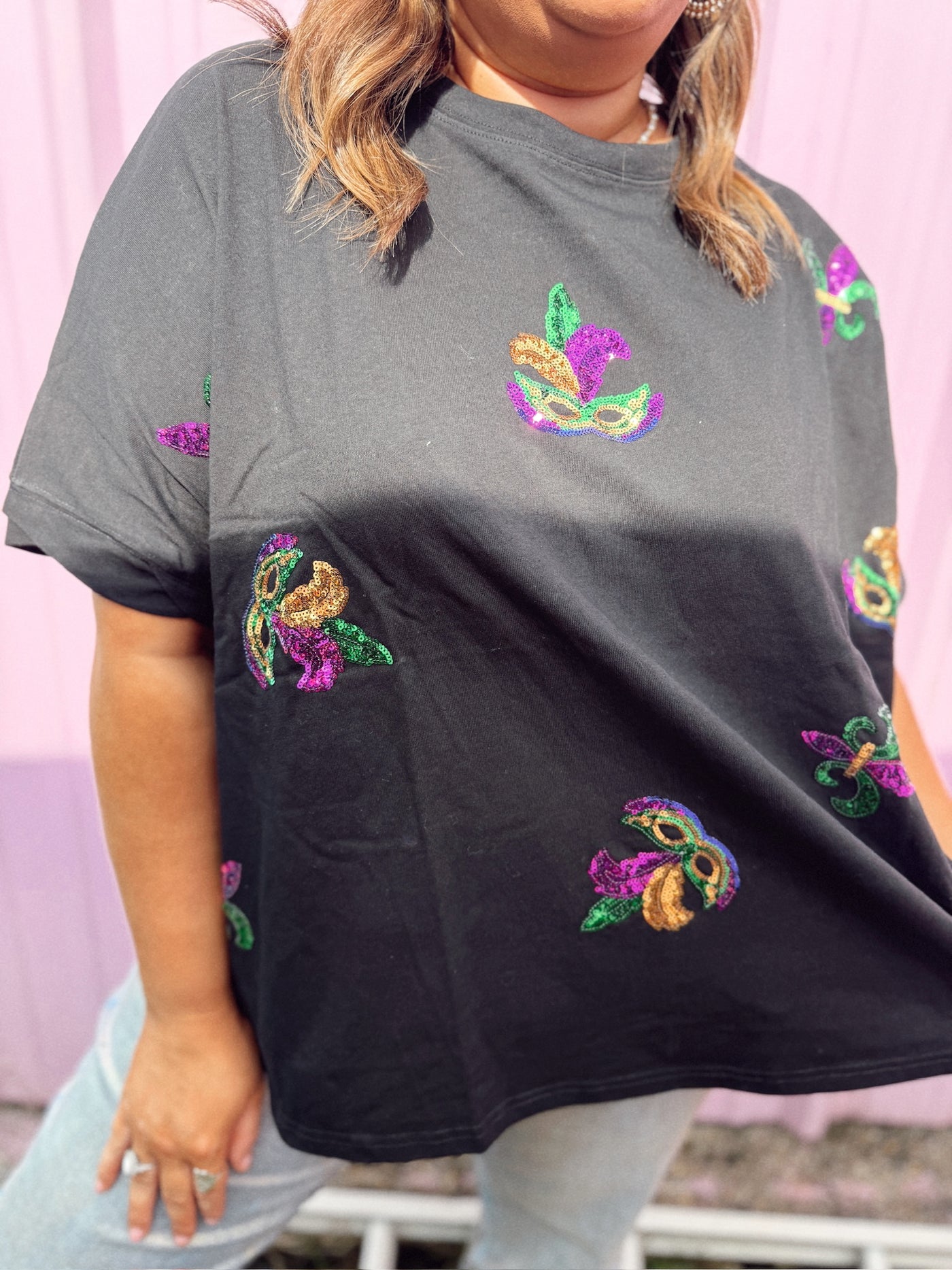 Black Sequin Mardi Gras Fleur De Lis Oversized Tee