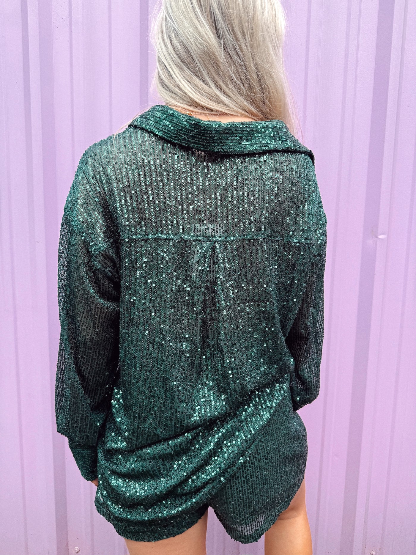 Hunter Green Sequin Button Down and Short Set