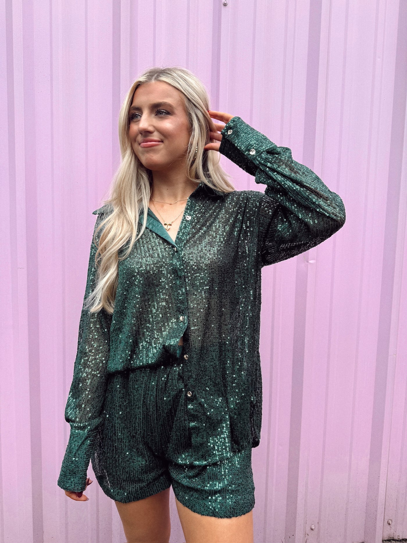 Hunter Green Sequin Button Down and Short Set