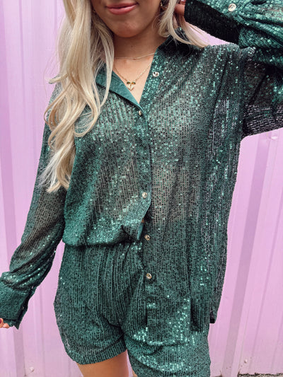 Hunter Green Sequin Button Down and Short Set