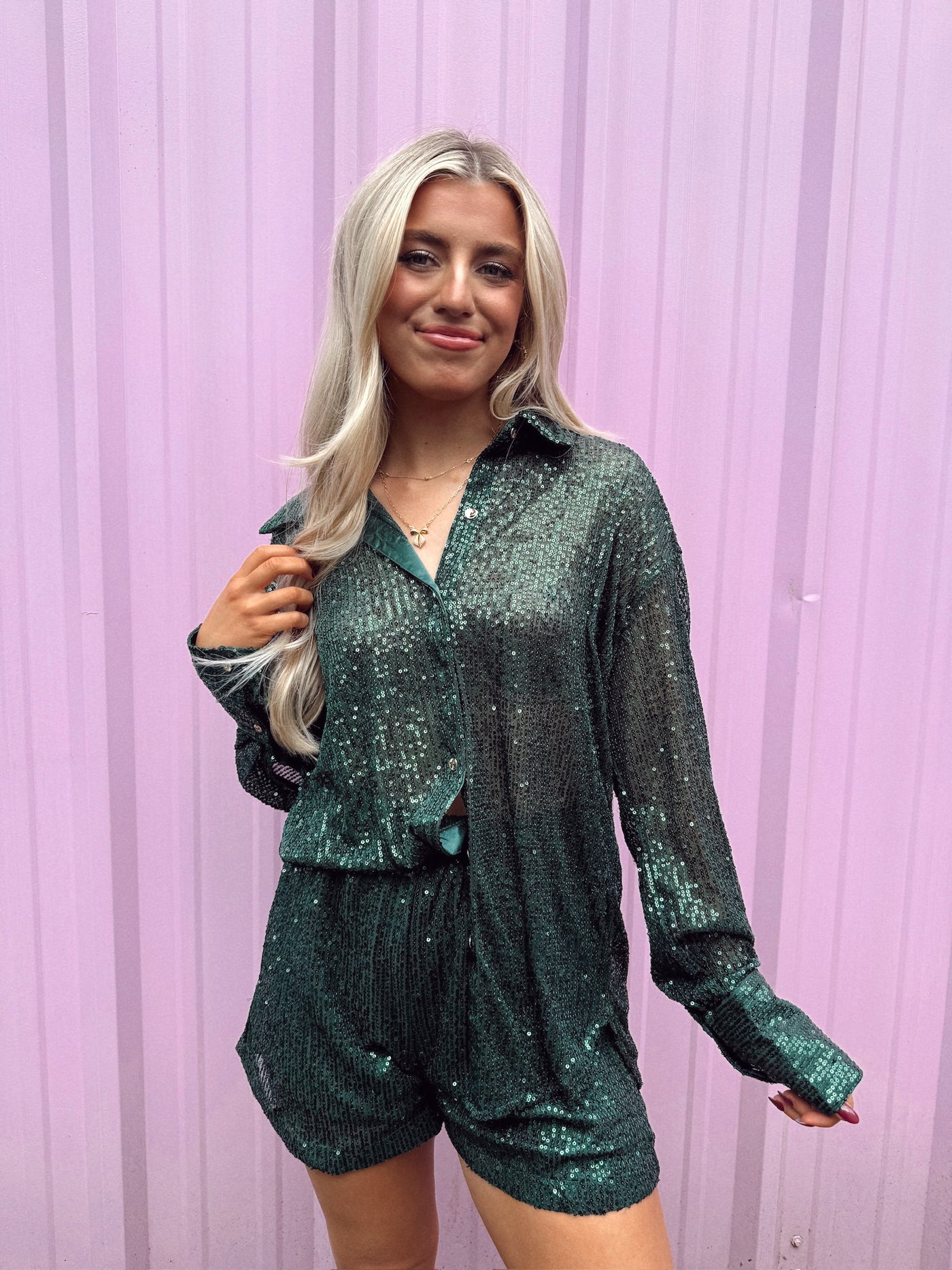 Hunter Green Sequin Button Down and Short Set