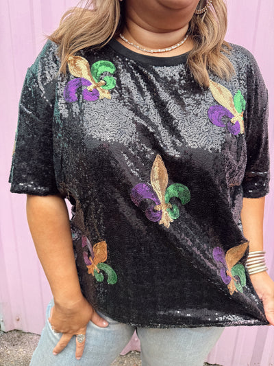 Black Sequin Mardi Gras Fleur De Lis Tee