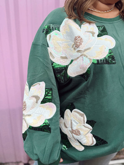 Queen of Sparkles Dark Green Magnolias Sweatshirt