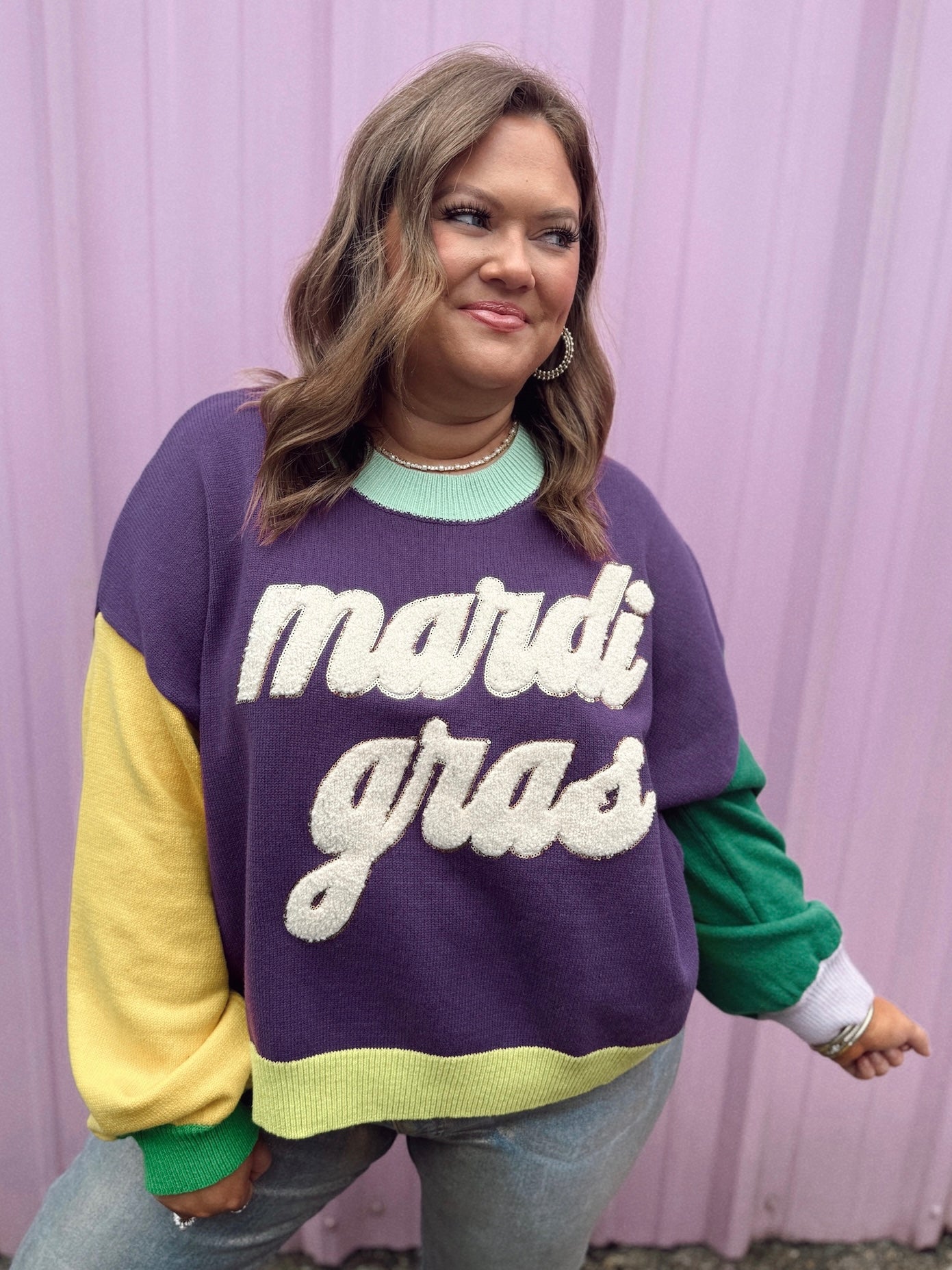 Queen of Sparkles Colorblock Fuzzy 'Mardi Gras' Sweater