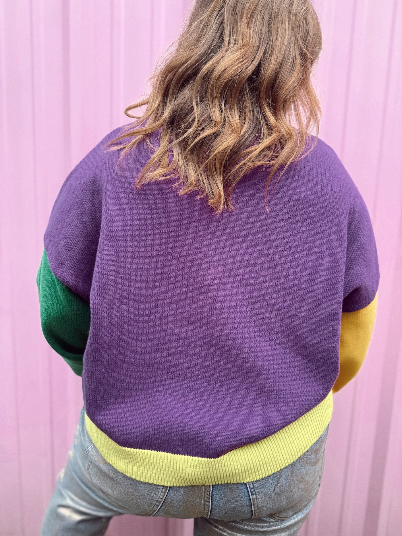 Queen of Sparkles Colorblock Fuzzy 'Mardi Gras' Sweater