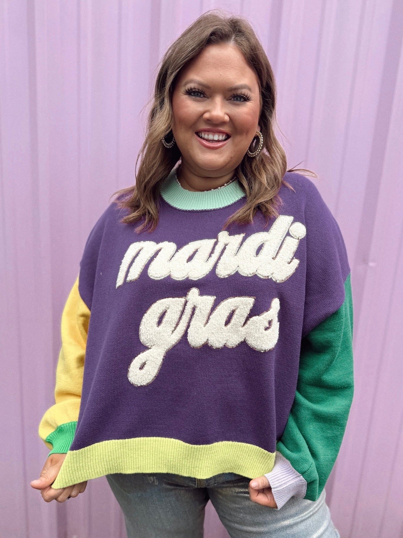 Queen of Sparkles Colorblock Fuzzy 'Mardi Gras' Sweater