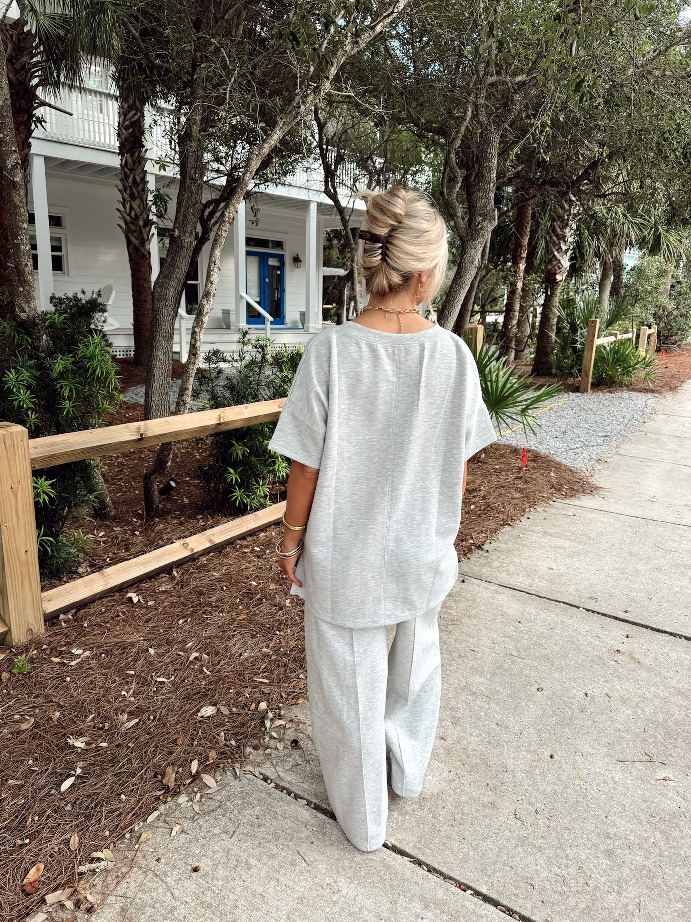 Heather Grey Short Sleeve Top and Wide Leg Pant Set