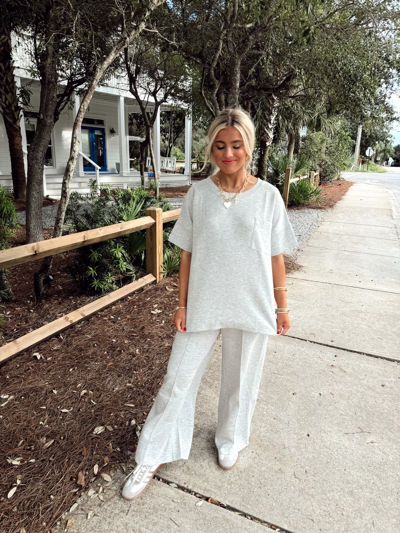 Heather Grey Short Sleeve Top and Wide Leg Pant Set