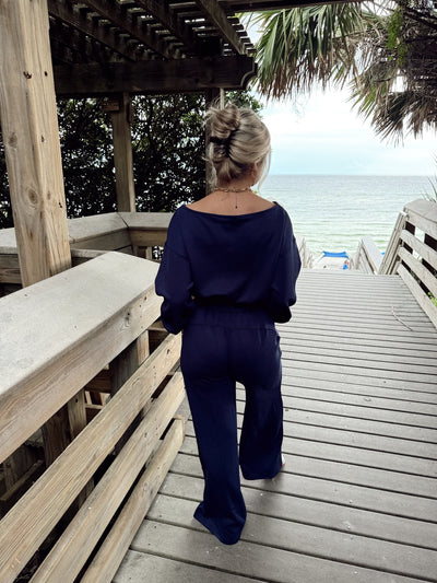 Navy Long Sleeve Solid Knit Comfy Jumpsuit