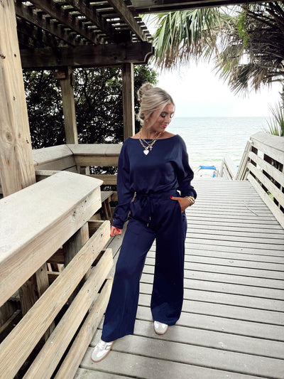 Navy Long Sleeve Solid Knit Comfy Jumpsuit