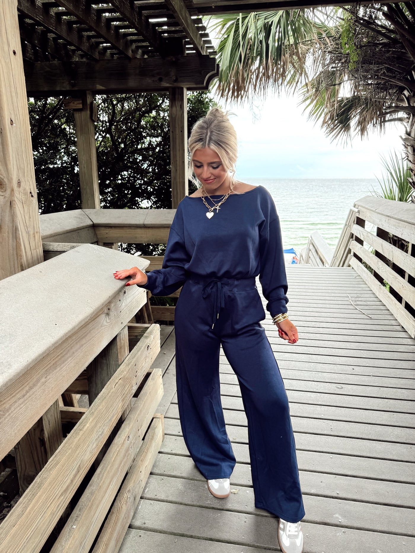 Navy Long Sleeve Solid Knit Comfy Jumpsuit