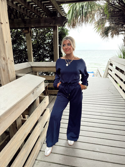 Navy Long Sleeve Solid Knit Comfy Jumpsuit