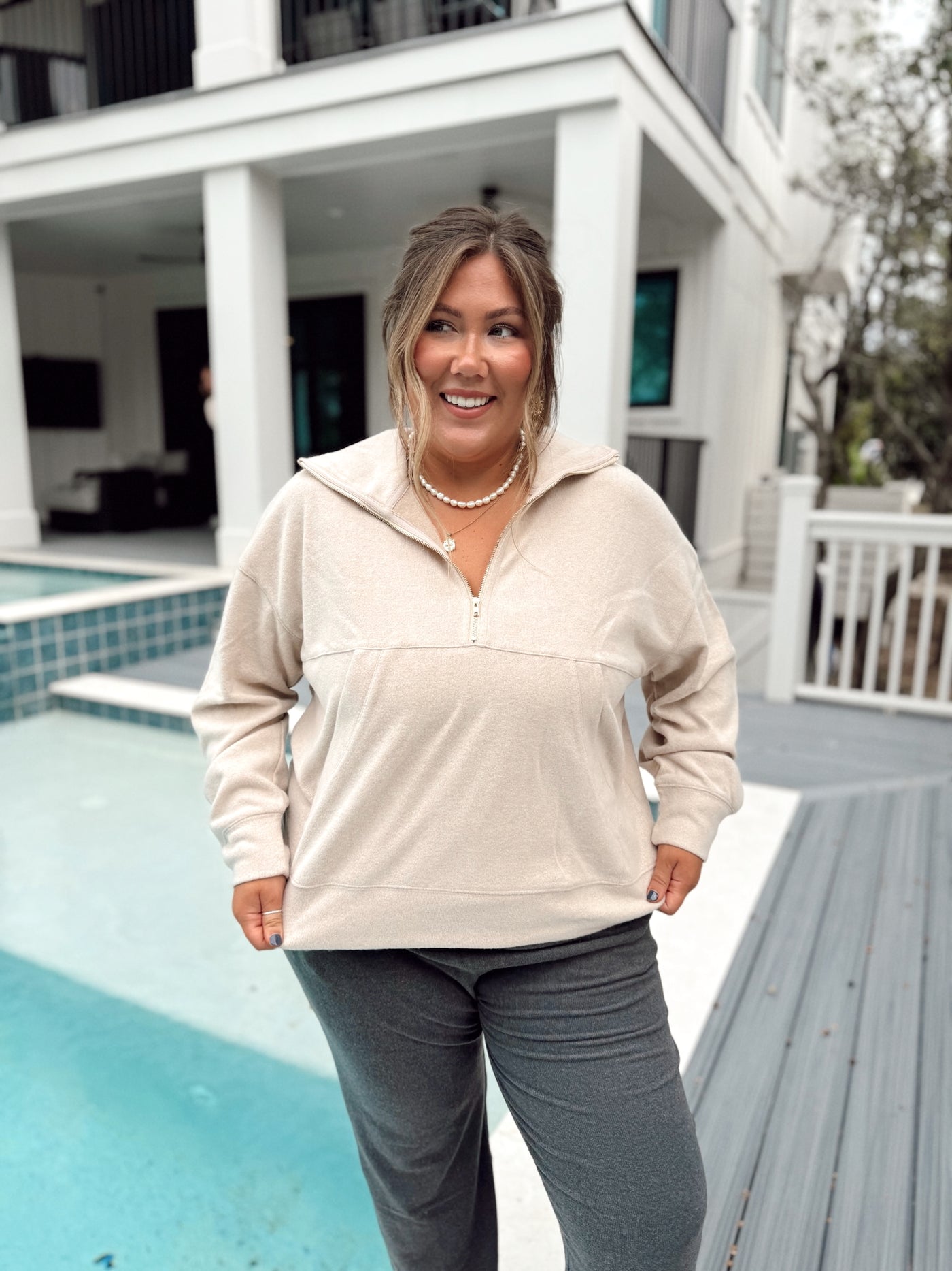 Beige Long Sleeve Half Zip Pullover